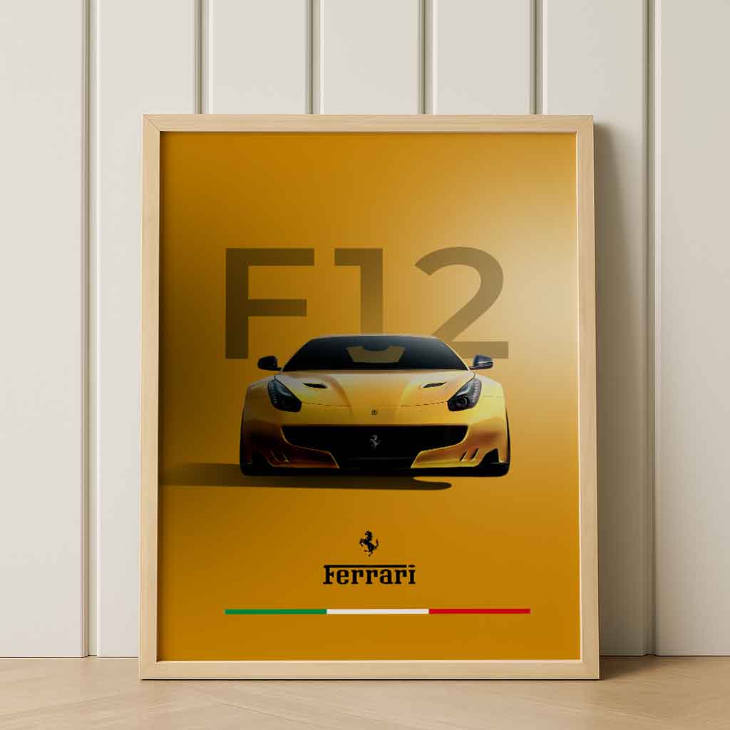 Yellow Ferrari F12 Wall Art – Italian Supercar Poster – Minimalist Automotive Print – High-Resolution PDF – 3:4 Ratio – Customizable