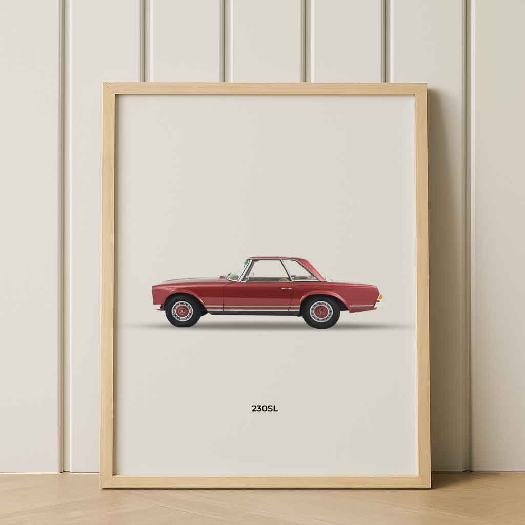 Mercedes-Benz 230SL Classic Car Wall Art – Vintage Red Pagoda Poster – Minimalist Automotive Print – High-Resolution PDF – 34 Ratio – Customizable